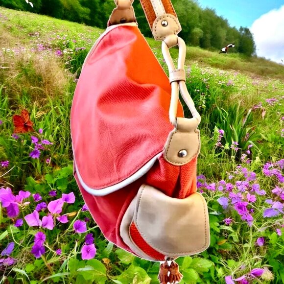 Cole Haan Shoulder Bag Hobo Flap Top Leather Trim orange nylon - Picture 10 of 14